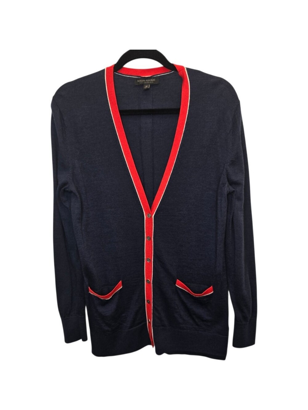 Banana Republic Women's M Boyfriend Cardigan Merino Wool Navy Red